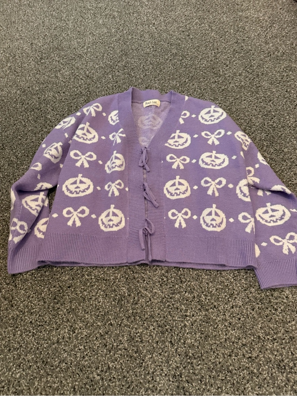 Peach Love California Lavender Cardigan with White Pumpkin Pattern